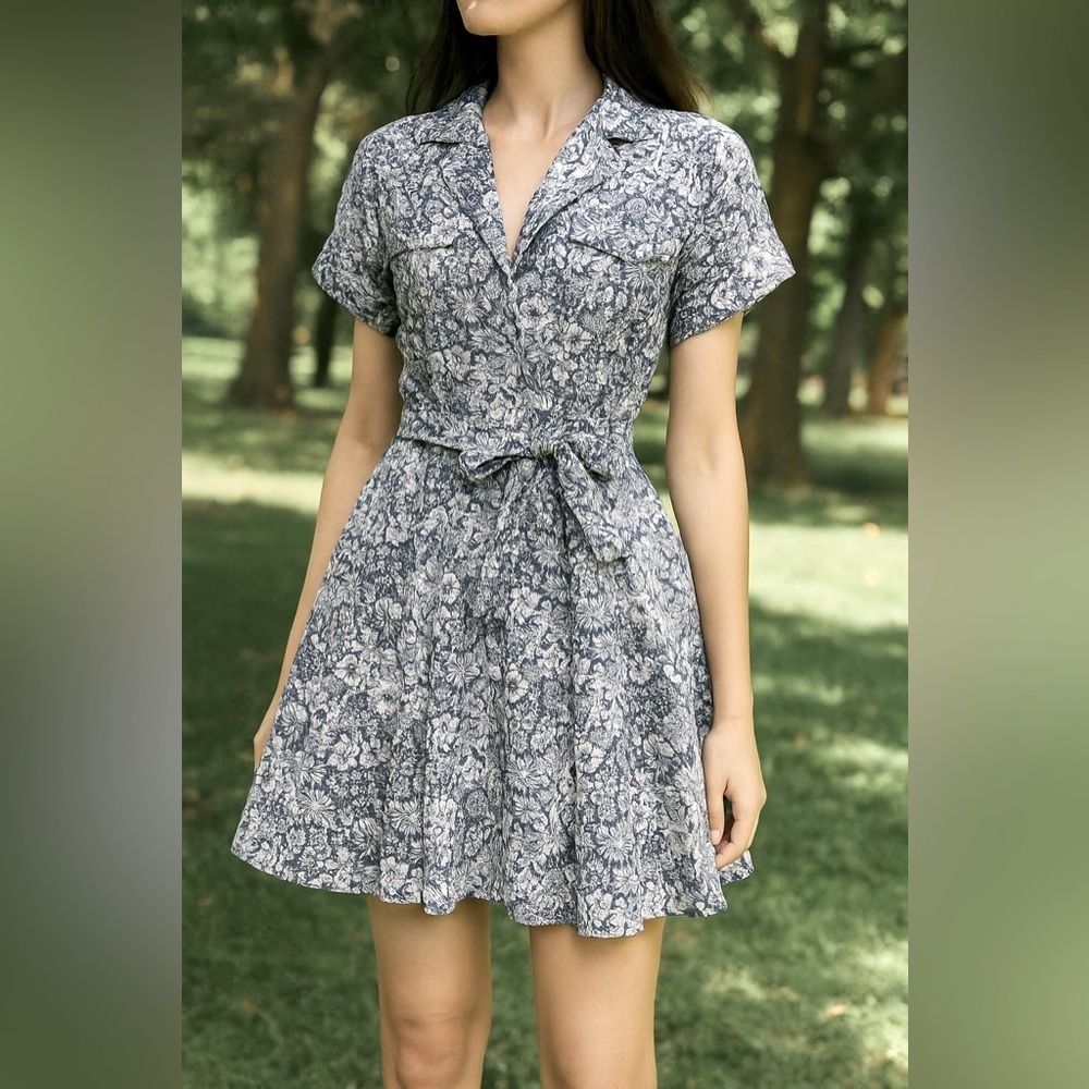 Amable linen blend floral pin-tuck belted mini dress  SM NWOT feminine romantic